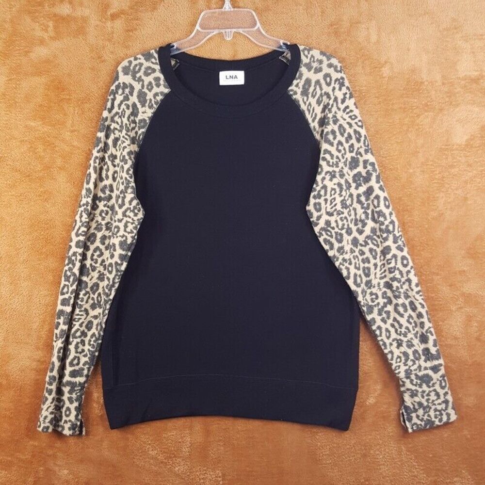 LNA Womens Sweater Large Black Pullover Crew Leopard Raglan Soft Knit REVOLVE